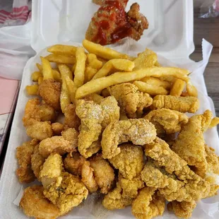 Catfish nuggets and shrimp platter. $12.99