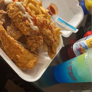 Fish Combo: (3)Perch and (3) Wings with fries and a Blue Raspberry Lemonade