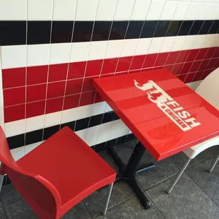 a red table and chair