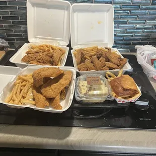 Catfish Fillet, Chicken Tenders, 10 piece wings, Pizza Puff W/ Fries, Banana Pecan Cake
