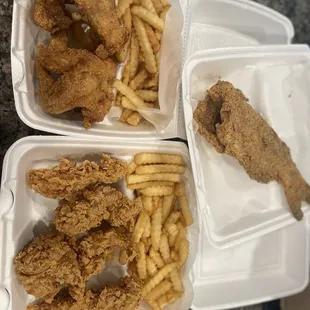 5 piece tenders, 4 piece whole wings and a whole catfish