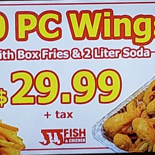20 pc wings with box fries and butter soda