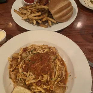 shrimp &amp; scallop Linguini Pasta, Cowboy Burger