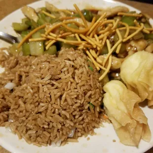 Chicken Chow Mein with fried rice and cream cheese puffs.