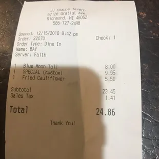 the receipt for the restaurant