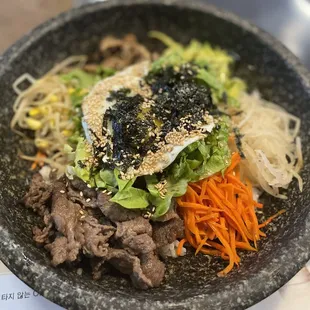 Dolsot Bibimbap~ It was delicious, flavorful beef and came out sizzling hot!
