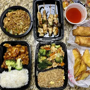 Lo mein, chicken on stick, egg rolls, general tso&apos;s, chicken broccoli, wontons