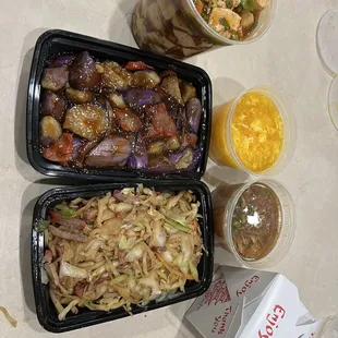 Moo Shu Pork, Pork with Eggplant in Garlic Sauce, Ma Po Tofu, Egg Drop Soup, Hot &amp; Sour Soup