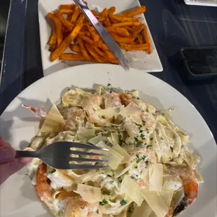 Shrimp Pasta and Sweet potato fries