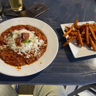 Gumbo and sweet potato fries!  Yum