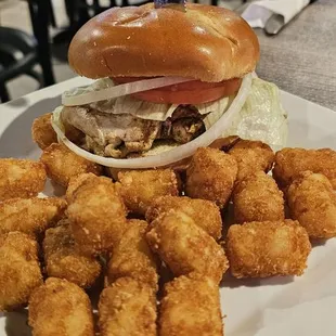 Chicken sandwich with tots..