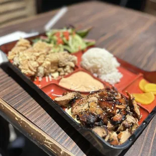 Teriyaki Chicken, Chicken Karaage, House Salad   Lunch bento box