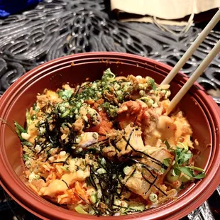 Medium Create Your Own with white rice base, ahi and seasoned tuna with a crab salad and garlic soy yuzu &amp; spicy mayo