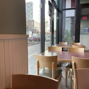 a table and chairs in a restaurant