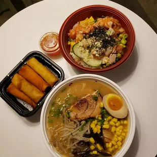 Spring Rolls, Miso Ramen, and Medium Create Your Own poke bowl