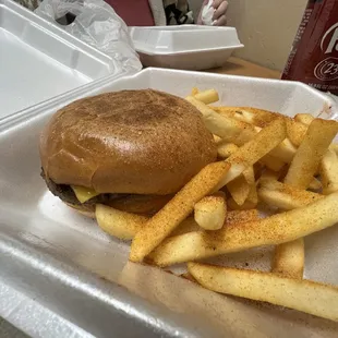 Cheese burger and fries  meal