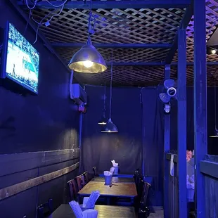 a long table in a dimly lit room