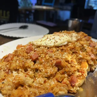 a plate of food with a fork