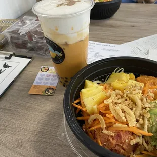 Pumpkin spice bubble tea (seasonal), poke Build Your Own Bowl with 2 Scoops of Protein