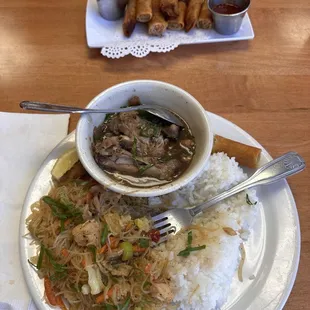 Lumpia, Lunch Combination #2 with chicken adobo, pancit, and rice.