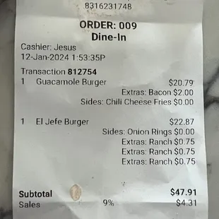 Over charged food receipt
