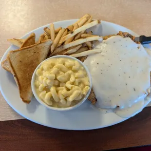 Chicken fried steak with Fry's and Mac n cheese