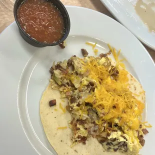 JJ's breakfast taco with house-made hot salsa