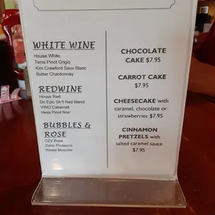 Wine and dessert menu