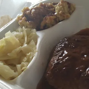 Saulsbury  steak, dressing and cabbage.