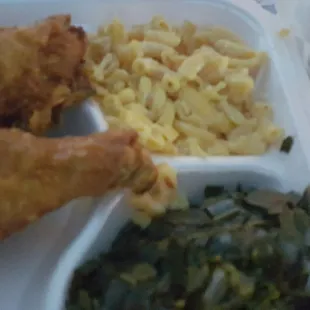 Fried chicken,  collards with mac &amp; cheese.