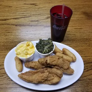 Perch Special, Mac &amp; Cheese, Collard Greens, Hush Puppies, Drink = $8.49