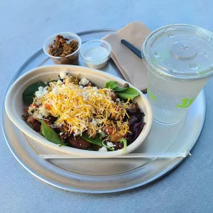 Tofu bowl, side of steak, infused water
