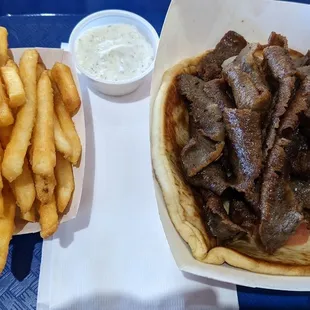 Gyros fries and a drink. $10