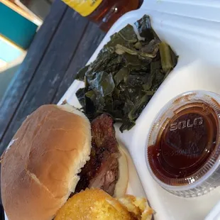 Rib tip sandwich and collard greens