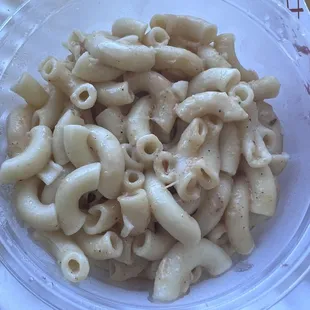 Cold mac and cheese with no flavor or cheese.