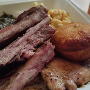 Chicken and ribs two meat with Mac &amp; cheese and collards