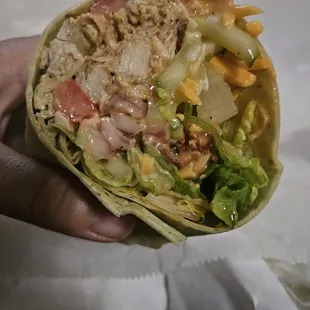 Buffalo chicken wrap. Was so good the flavor off the chain,cucumbers,bacon for a crisp the sauce delicious. The owner is so friendly.