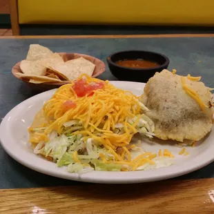 1 shredded beef gordita and bean tostada.