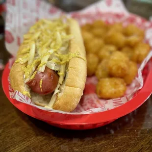 Polish sausage and tater tots. Excellent, nice char on the sausage and the roll was first-class. Hot, crunchy tots too