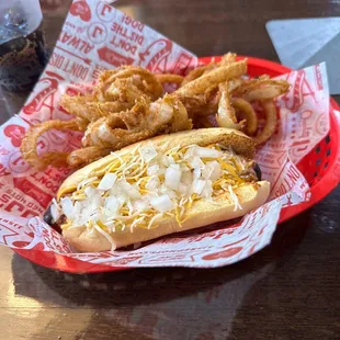 a hot dog and onion rings
