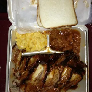 Rib tips, Mac and cheese, yams, two slices of Wonder bread- BEST BBQ IN ATLANTA!!!