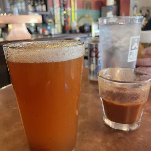 a beer and a beverage