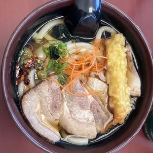 Udon with pork &amp; Shrimp tempura! Was so good we came back 2 days in a row