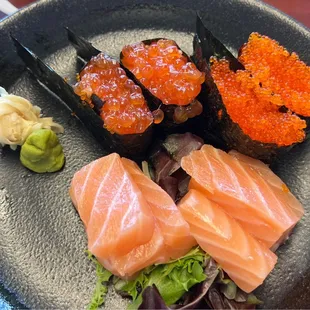 Ikura sushi, tobiko sushi, salmon sashimi