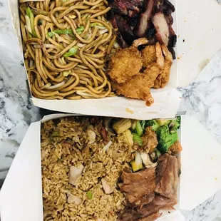 lunch combo #11-BBQ pork, fried shrimp and chow mein.  lunch combo #15- house fried rice, pork ribs and canton chicken