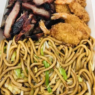 lunch combo #11 -bbq pork, fried shrimp and chow mein