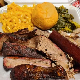 Link, Chicken, Pulled pork, ribs, brisket, Collard greens, Mac and cheese