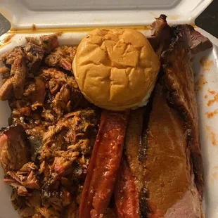 Straddling the Fence: Brisket, Pulled Pork, and Smoked Sausage.