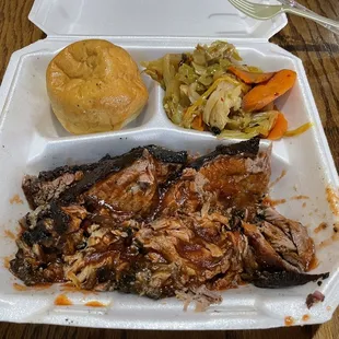 Pulled pork, Brisket, Cabbage, and bread roll.