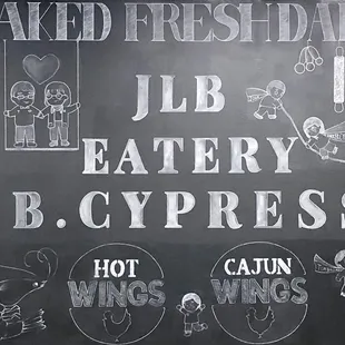 a blackboard with a variety of food items